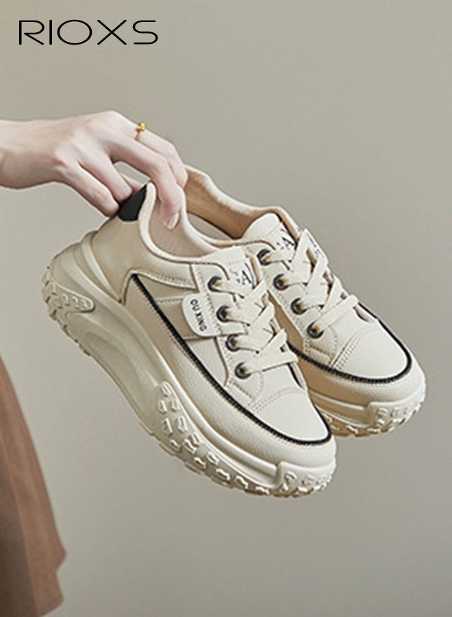 RIOXS Women's Comfort Shoes, 4.5cm Thick Soled Sports Shoes, Fashion Chunky Platform Sneakers for Women, Casual Dating Wedge Sneakers, Classic Lace-Up Athlesiure Shoes, Lady's Lightweight Walking Shoes, Low Top Sneaker for Female,  Anti-slip Trainers for Jogging Running Shopping Daily Wear, Khaki Footwear - Image 4